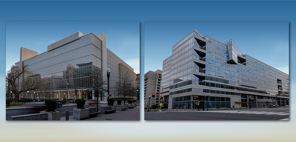 Sièges de la Banque mondiale et du Fonds monétaire international, à Washington.